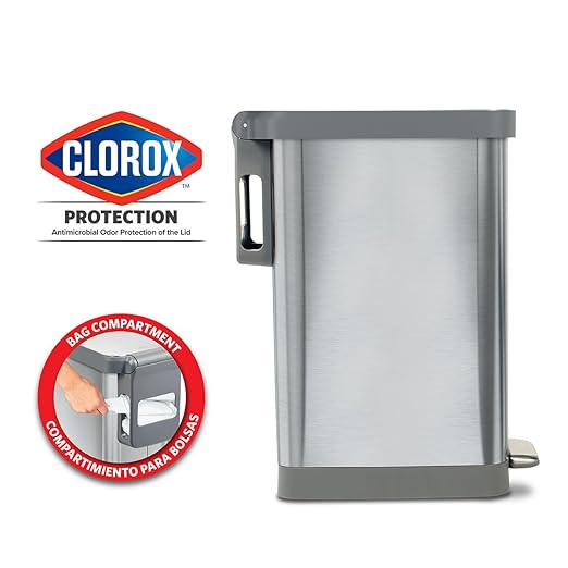 Glad Slim Trash Can with Clorox Odor Protection - Narrow Kitchen Garbage Bin with Soft Close Lid, Step On Foot Pedal and Waste Bag Roll Holder, All Stainless, 45 Liter-DeskLoop Office