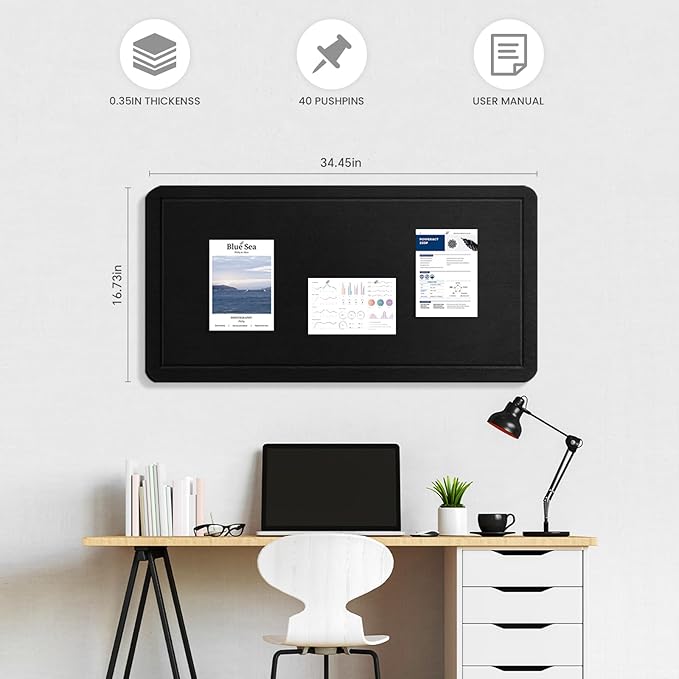 Large Bulletin Board, 35 X 17 Inches Felt Cork Board with 40 Pushpins, Foldable Felt Notice Pin Board Photo Display Board with Self-Adhesive Tape for Office Home School-DeskLoop Office