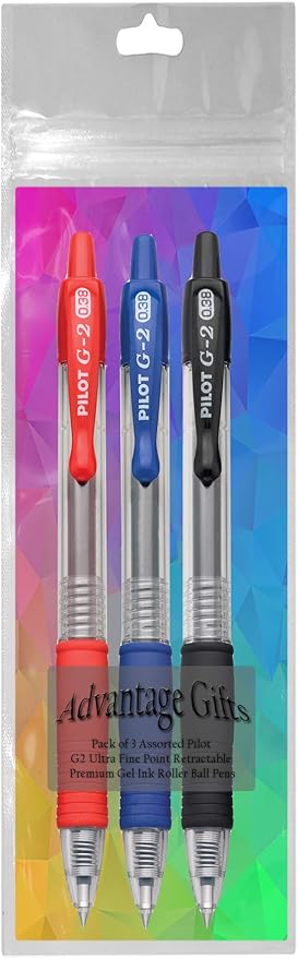 G2 Retractable Premium Gel Ink Roller Ball Pens Ultra Fine Point (.38mm) Black/Blue/Red Ink 3 pack; Refillable & Premium Comfort Grip Bundle with Plastic Reusable Pouch-DeskLoop Office