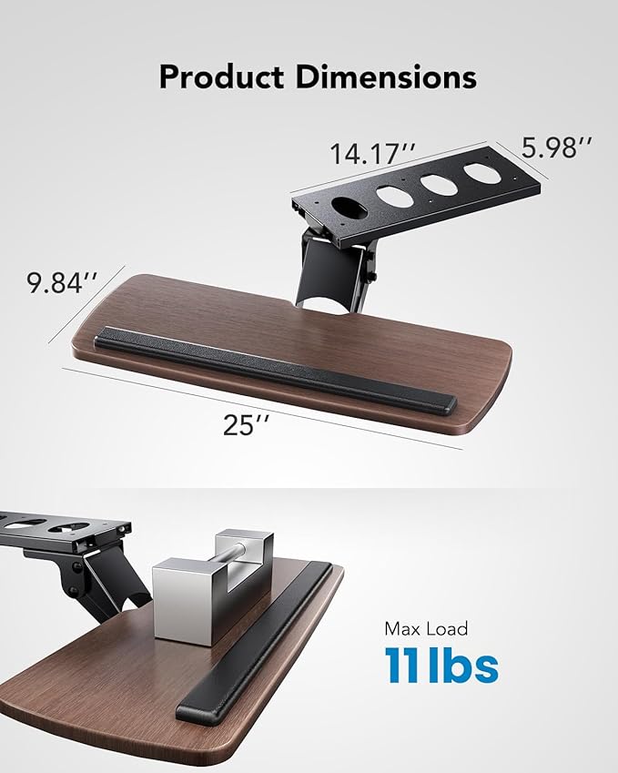 HUANUO Keyboard Tray Under Desk,360 Adjustable Ergonomic Sliding Keyboard & Mouse Tray, 25" W x 9.8" D, Brown-DeskLoop Office