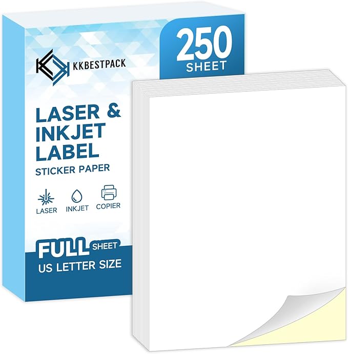 Full Sheets Sticker Paper – 250 Sheets, 8.5" x 11" Letter Size, by KKBESTPACK