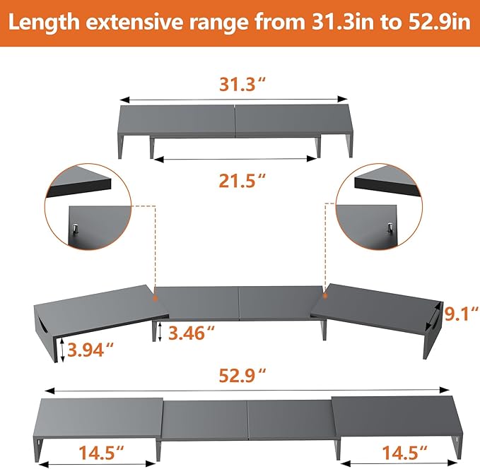Triple Monitor Stand Riser, Extra Long Monitor Riser for 1~2~3 Monitors, Dual Monitor Stand with Length and Angle Adjustable, 3 Shelf Monitor Stand for Desk-DeskLoop Office