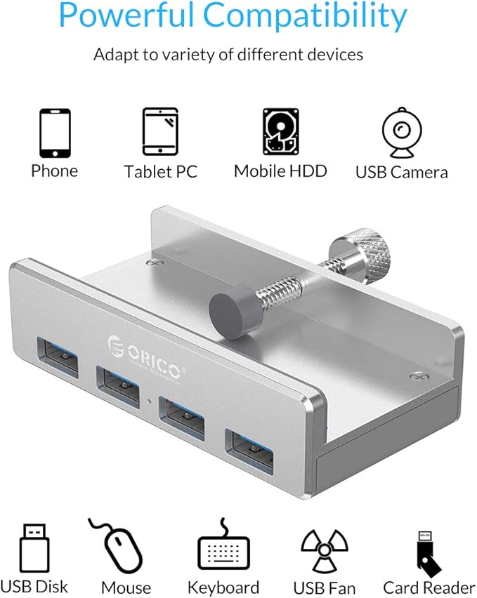 ORICO USB 3.0 Hub Clamp Adapter, Aluminum 4-Port USB Splitter with Extra Power Supply Port and 4.92 FT USB Data Cable, Ultra-Portable USB Expander for 2021 iMac/Laptop/PC-DeskLoop Office