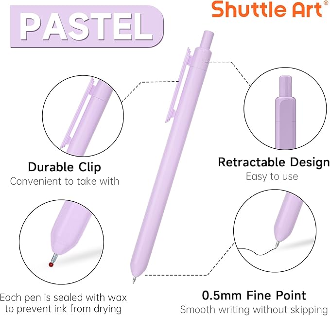 Shuttle Art Retractable Pastel Gel Ink Pens, 15 Pack Black Ink Pens, Cute Pens 0.5mm Fine Point for Writing Journaling Taking Notes School Office Home