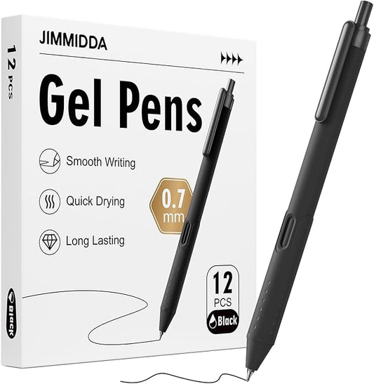 12 Pack Black Pens - 0.7mm Gel Pens Black Ink Quick-Drying Smooth Writing - Comfort Grip Retractable Pen for Journaling, Cute School & Office Supplies Home Work (12 Count, Black Ink)-DeskLoop Office