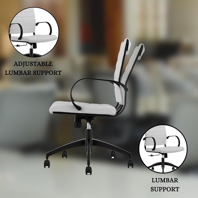 Ribbed Mid Back Conference Room Chairs - Lumbar Support, Modern Executive Home Office Chair - White Leather Seat & Black Aluminum Frame-DeskLoop Office