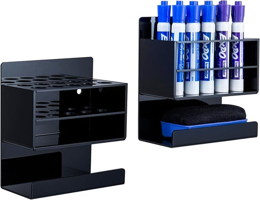 MyGift Wall Mounted Dry Erase Whiteboard Marker Holder Stand with 10 Marker Slots and Eraser Holder, Black Set of 2-DeskLoop Office