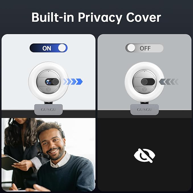 GUSGU G910 2K Quad HD Webcam for PC, with Microphone & Light & Privacy Cover, Web Camera for Desktop Computer/Laptop/MacBook, USB Streaming Camera-DeskLoop Office