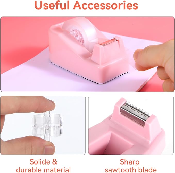 Pink Desk Accessories, Pink Office Supplies Set with Stapler, Tape Dispenser, Staple Remover, Pen Holder, Scissor, Binder/Paper Clips, Ballpoint Pen, Clear Tape and 1000pcs Staples-DeskLoop Office