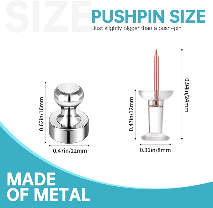 Pack of 24 Silver Magnetic Push Pins for Fridge, Whiteboard, Map, Office, DIY - Refrigerator Magnets for Locker-DeskLoop Office
