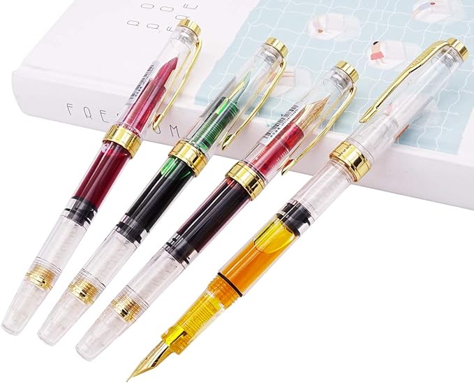 Lanxivi Yongsheng 3011 Demonstrator Clear Classical Fountain Pen Fine Nib Arrow Clip, Piston Filling System, Gold Trim, Set of 4 Pieces in transparent Color-DeskLoop Office