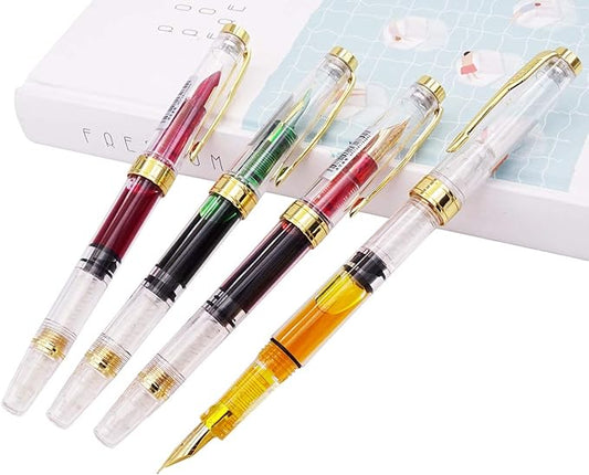 Lanxivi Yongsheng 3011 Demonstrator Clear Classical Fountain Pen Fine Nib Arrow Clip, Piston Filling System, Gold Trim, Set of 4 Pieces in transparent Color-DeskLoop Office