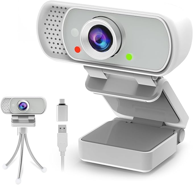 Webcam with Tripod Privacy Shutter: 1080P FHD Web Camera with Mic, Plug & Play USB A USB C Webcam with Stand, White Wide Angle Noise-Canceling Microphone Compact Web Cam for Online Meeting Classes-DeskLoop Office