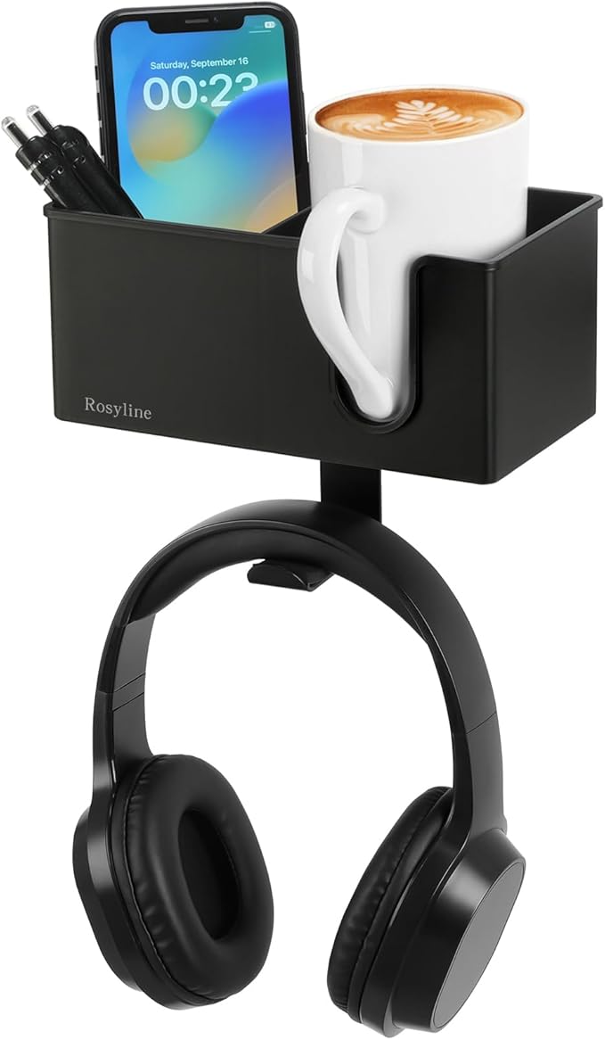 ROSLINE 3-in-1 Clip-on Desk Organizer - Pen, Headphone, and Cup Holder for Expanding Office and Gaming Space (Black)-DeskLoop Office