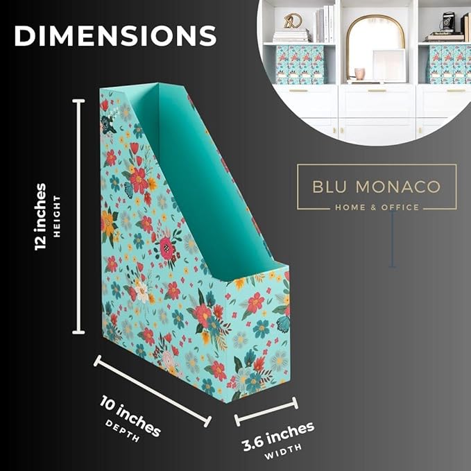 BLU MONACO Floral Magazine Holder, Set of 4 Foldable Magazine File Boxes, Aqua Floral Pattern with Gold Label Holder, Vertical Desk Organizer and Binder Holder-DeskLoop Office