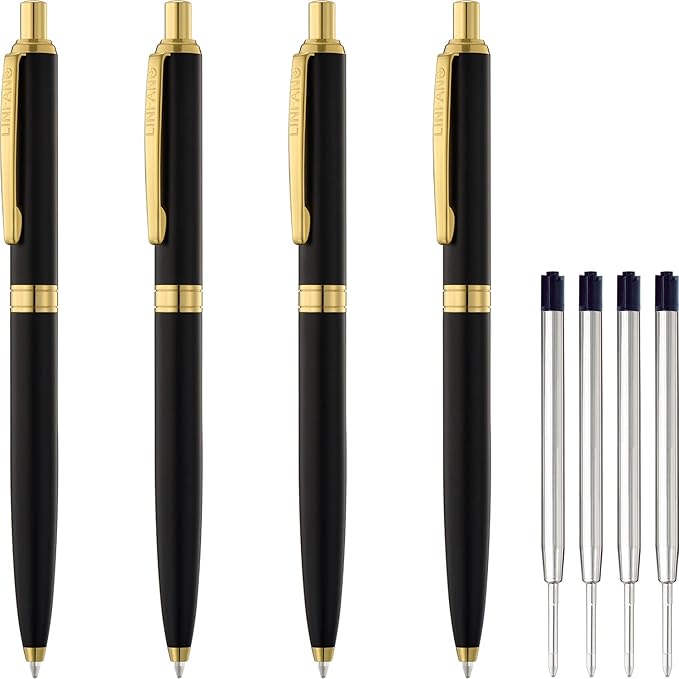 LINFANC 4 Pack Ballpoint Pens, Premium Retractable Metal Ballpoint Pen, Matte Black with Gold Trim, Medium Point 1.0mm Black Ink Pen for Home School Work Office Supplies, Extra 4 Refills-DeskLoop Office