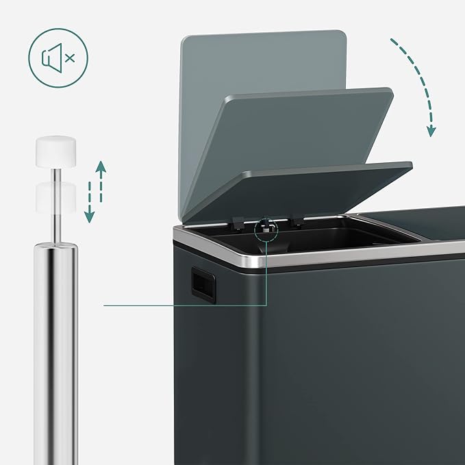 SONGMICS Trash Can, 2 x 8 Gallon (2 x 30 L) Garbage Can for Kitchen, with 15 Trash Bags, 2 Compartments, Plastic Inner Buckets and Hinged Lids, Airtight, Greenish-Gray ULTB60GS02-DeskLoop Office