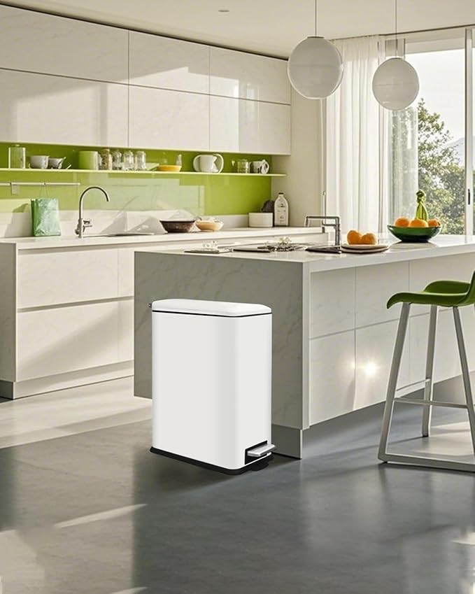 Kitchen Rubbish Bin, 30 L, Narrow Pedal Bin with Lid, Stainless Steel Kitchen Rubbish Bin with Inner Bucket, Rectangular Waste Bin for Kitchen, Bathroom, Bedroom, Office, White-DeskLoop Office