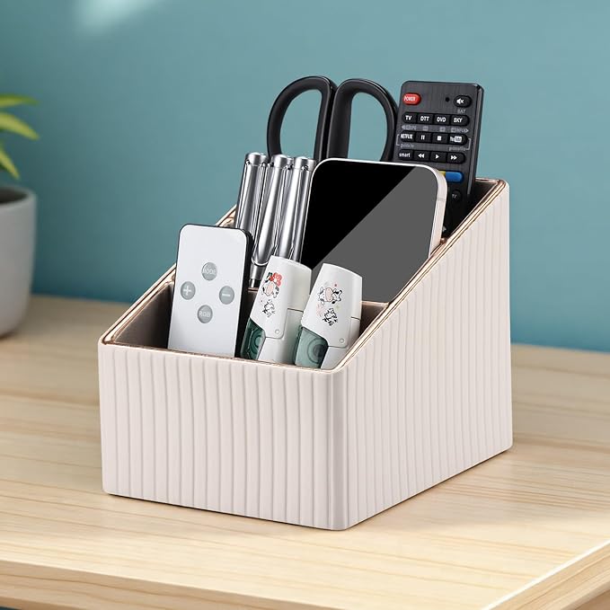 KINGFOM Remote Control Holder with 3 Compartments, Pu Leather Remote Caddy Desktop Organizer for TV, CD, Blu-Ray, Media Player, Heater Controllers and Cosmetics Office Supplies Light Beige-DeskLoop Office
