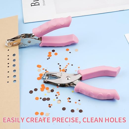Single Hole Punch, 2 Pcs Hand Hole Puncher with Soft Grip Handle, 1/4" and 1/8" Small Hole Paper Punch for Crafts, Scrapbooks, 6 Sheets Capacity, Tags, Tickets - Pink-DeskLoop Office