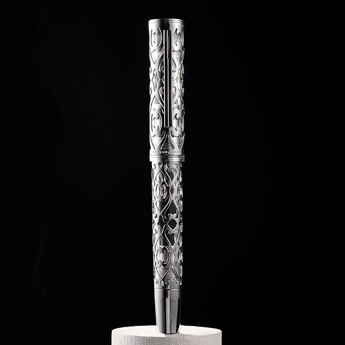 Hongdian D1 Piston Fountain Pen Extra Fine Nib, Hollow Skeleton & Resin Pen with Metal Case Set (Silver)-DeskLoop Office