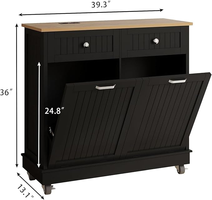 20 Gallon Tilt Out Trash Cabinet, Wooden Kitchen Trash Can Cabinet with Hideaway Drawer, Freestanding Laundry Hamper Garbage Recycling Cabinet on Wheels, Pet Proof, Double, Black-DeskLoop Office