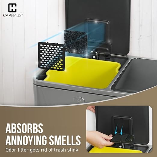 CAPHAUS Black Dual Trash Can w/Double Lid, Trash & Recycle Bins Combo, Hands-Free Stainless-Steel Garbage Can for Kitchen, with 2 Compartment, Hinged Lid, Odor Filters, Handles, 30L+30L, 2 x 8 Gal-DeskLoop Office