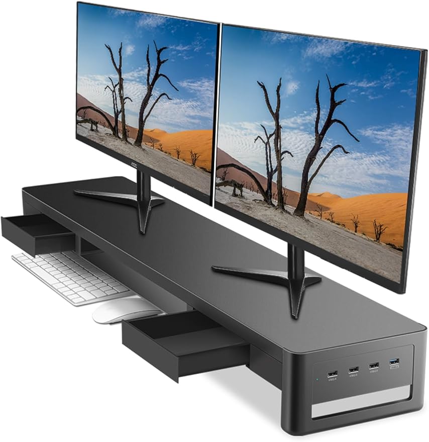 meatanty Dual Monitor Stand Riser with 2 Storage Drawers and 4 USB Ports, Metal Stand for 2 Monitors Supports Data Transfer and Charging, Desk Organizer for PC, iMac (38.7 inches)-DeskLoop Office