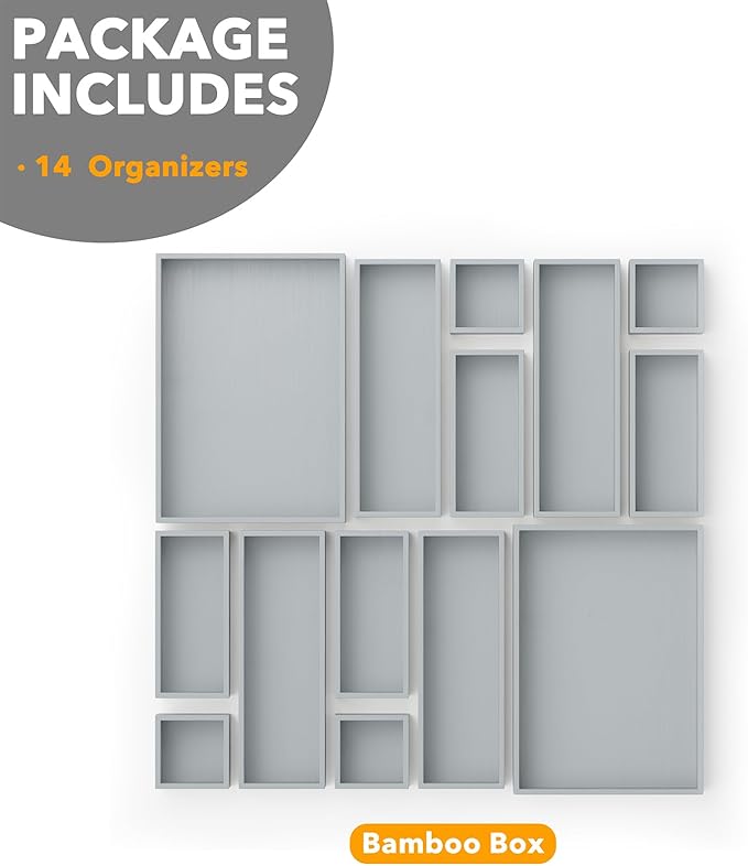 SpaceAid 14-Piece Bamboo Drawer Organizer Storage Boxes Set, Wood Tray Junk Drawer Organizers Multi-Use Divider Bins for Kitchen, Bathroom, Office Desk and Makeup Organization (14 Pack, Gray)-DeskLoop Office