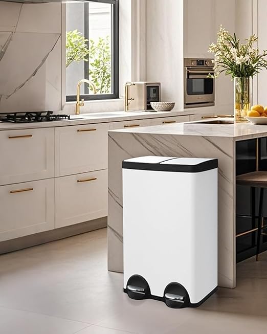 60L Dual Compartment Stainless Steel Trash Can, 16 Gallon White Kitchen Garbage Bin with Silent Sealed Lids, Pedal & Recyclable Waste Bins for Home/Office-DeskLoop Office