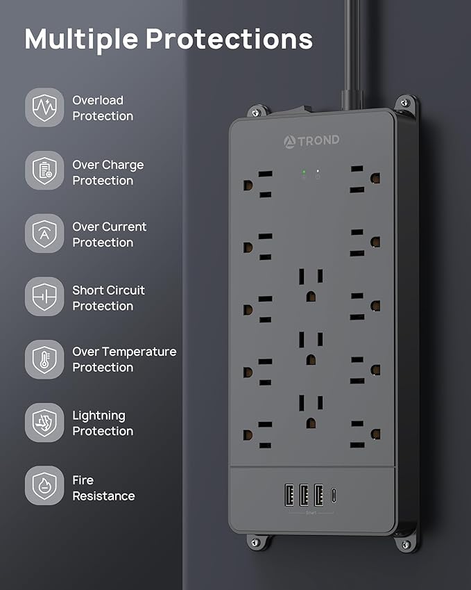 TROND Power Strip Surge Protector 10 ft Cord, 4000 Joules, ETL Listed, 13 Widely-Spaced Outlets Expansion with USB C Ports, Low-Profile Flat Plug, Wall Mount, Extension Cord, 14AWG Heavy Duty, Black-DeskLoop Office