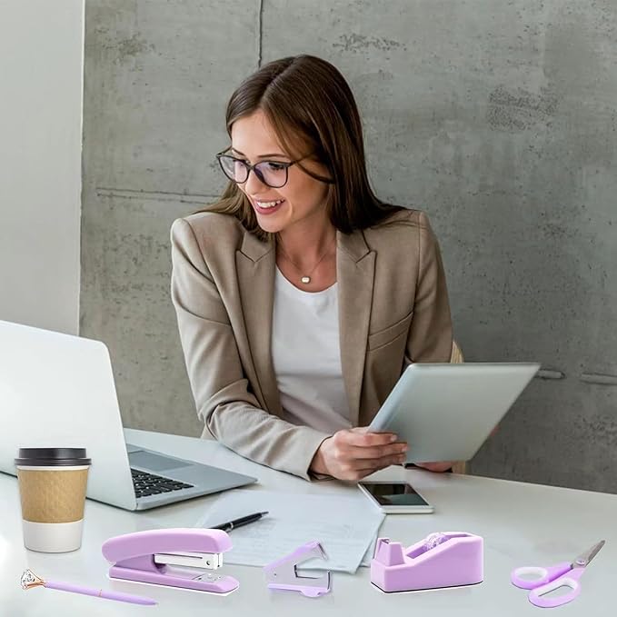 Purple Desk Accessories, Pink Office Supplies Set with Stapler, Tape Dispenser, Staple Remover, Pen Holder, Scissor, Binder/Paper Clips, Ballpoint Pen, Clear Tape and 1000pcs Staples-DeskLoop Office