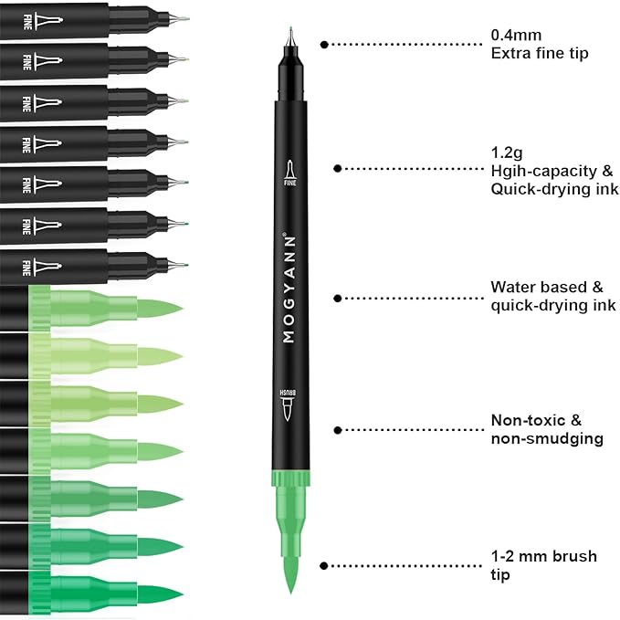 Mogyann Green Markers, 12 Pack Dual Brush Pens Drawing Markers for Art Sketching-DeskLoop Office