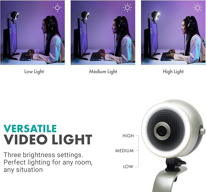 Movo WebMic HD Pro All-in-One Webcam with Mic and Ring Light in Silver- 1080p HD Camera, Pro Cardioid Condenser Microphone, LED Ring Light -HD Webcam for Streaming, Video Calls, Recording, Gaming-DeskLoop Office