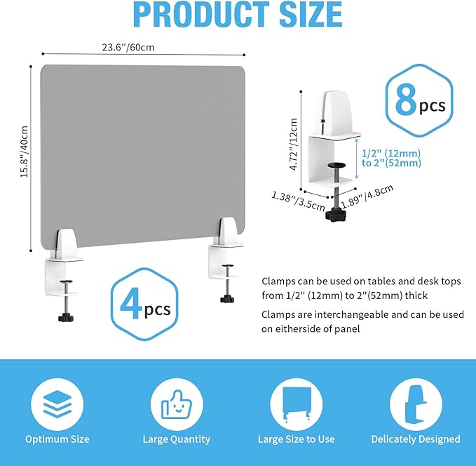 Desk Divider 4 Pcs Desk Privacy Panel 23.6''L x 15.8W'' Office Partitions Grey Acrylic Panel Pack of 4 Desk Divider Partition with Adjustable Universal Base-DeskLoop Office