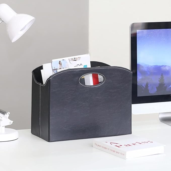 EZDeco Magazine Holder Foldable Magazine Rack Floor PU Leather File Holder Newspaper Book Storage Basket Document File Folder Organizer for Office Home (Black-2)-DeskLoop Office