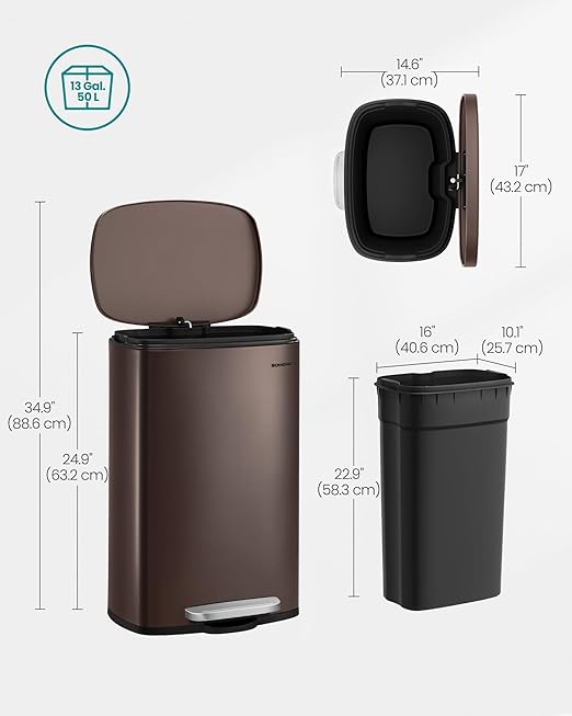 SONGMICS 13 Gallon (50 L) Trash Can, Stainless Steel Kitchen Garbage Can, Recycling or Waste Bin, Soft Close, Step-On Pedal, Removable Inner Bucket, Brown ULTB50BR-DeskLoop Office