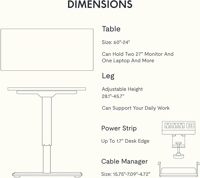 FLEXISPOT EN2 Whole-Piece Standing Desk with Clamp Power Strip, 60 x 24 Electric Stand Up Height Adjustable Desk with Cable Management (White Frame + 60" Black Desktop, 2 Packages)-DeskLoop Office