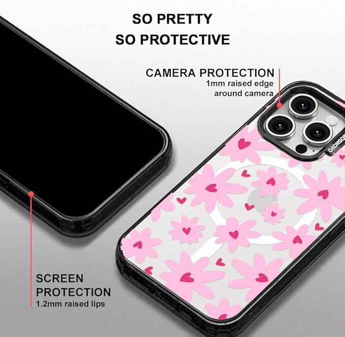 MOSNOVO Magnetic Case for iPhone 15 Pro Max, 10ft Military-Grade Protection, Compatible with Magsafe, Shockproof Phone Case for iPhone 15 Pro Max - Love in Bloom - Clear Black-DeskLoop Office