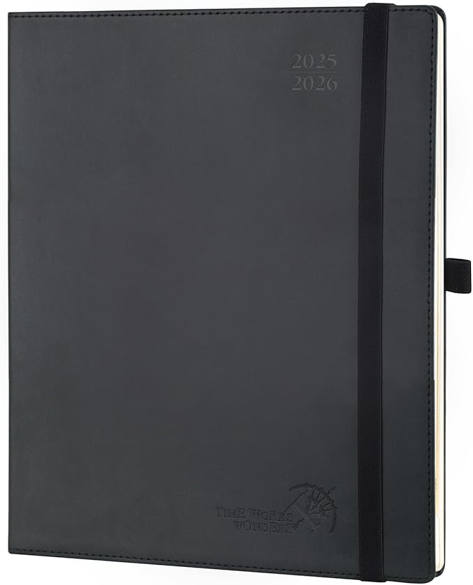POPRUN Planner 2025-2026 (Large - 8.5'' x 10.5'') Academic Weekly Calendar (July 2025 - June 2026) with Hourly Time Slots, Monthly Tabs, 100GSM Thick Papers, Leather Soft Cover - Black-DeskLoop Office