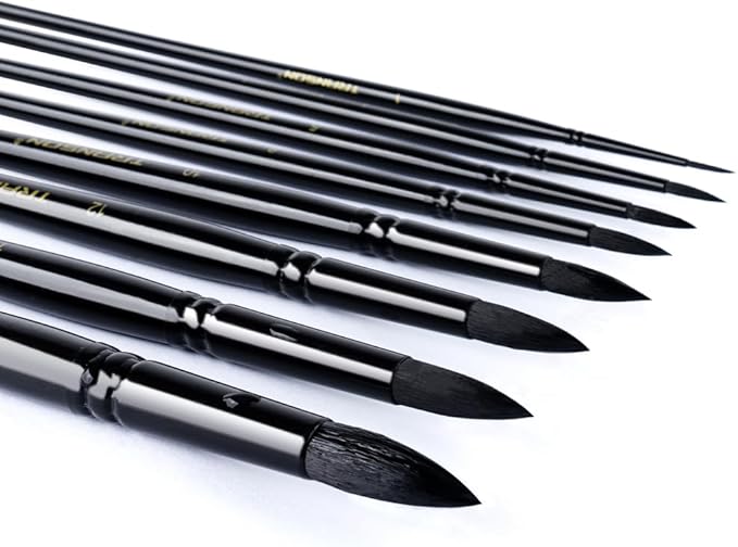 Transon 8pcs Round Watercolor Paint Brush Set Goat Hair for Watercolors,Acrylics,Inks,Gouache,Oil and Tempera Black Color-DeskLoop Office