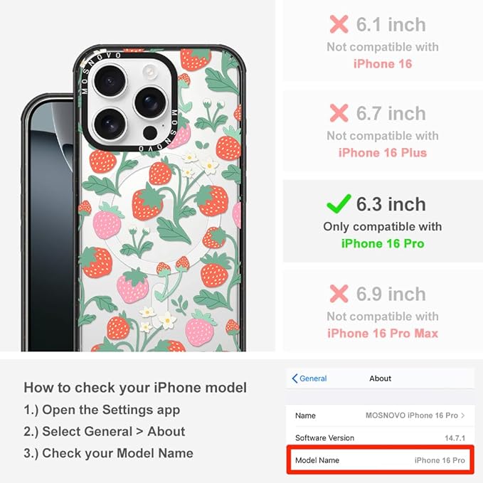 MOSNOVO Magnetic Case for iPhone 16 Pro, 10ft Military-Grade Protection, Compatible with Magsafe, Shockproof Phone Case for iPhone 16 Pro - Strawberry Garden - Clear Black-DeskLoop Office