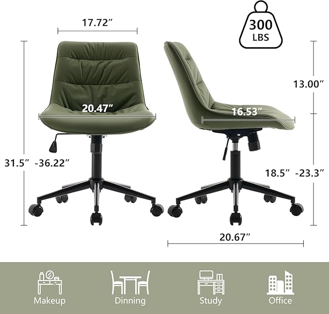 Kidol & Shellder Faux Leather Office Chair, Adjustable Swivel Height Task Chair, Rolling Wheels & Soft Backrest - Armless Ergonomic Desk Chair for Home, Office,Vanity,Gaming(Bean-Green)-DeskLoop Office
