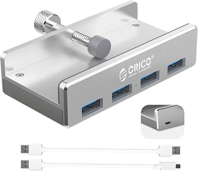 ORICO USB 3.0 Hub Clamp - Aluminum 4-Port USB Splitter With Extra Power Supply Port, 4.92 FT USB A to C Cable, Desktop Powered Hub for Monitors/Desks - Silver-DeskLoop Office