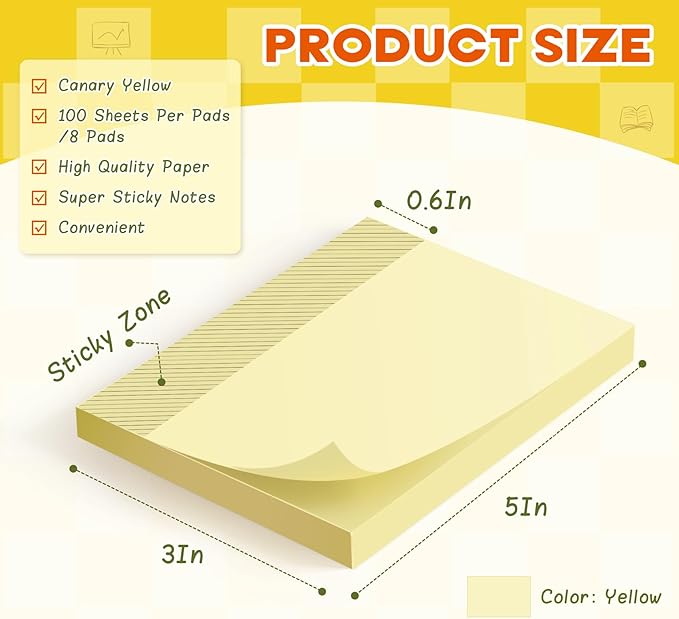 (8 Pack) Large Sticky Notes 3x5 in Yellow, 800 Pcs Self-Stick Notes,100 Sheets/Pad Super Adhesive Sticky Pads Recyclable for Home, Office, Notebook, Clean Removal-DeskLoop Office