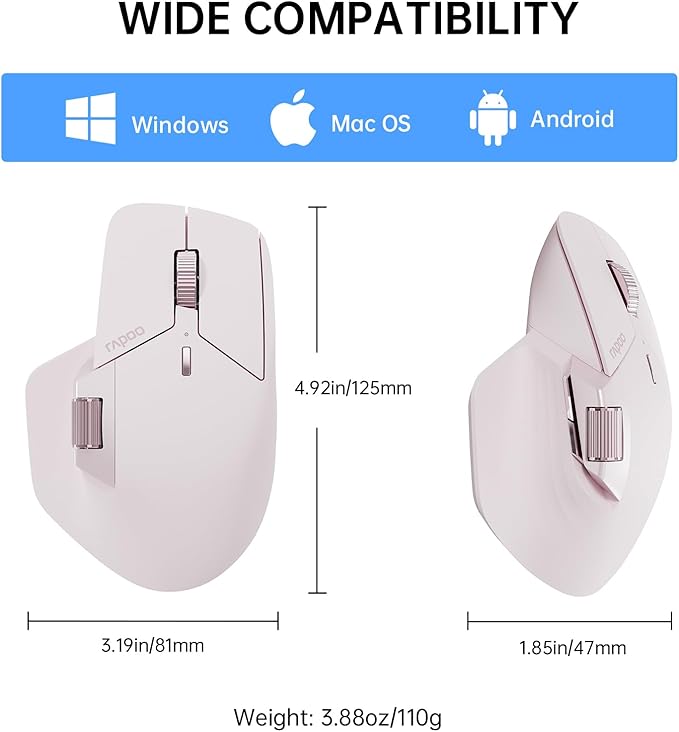 Rapoo MT760 Multi-Device Wireless Mouse, Bluetooth 5.0 and 2.4GHz Multi-Mode Connection, Up to 4 Devices, 11 Programmable Buttons, 4K DPI, Ergonomic Design, 90 Days Battery Life, PC, Pink-DeskLoop Office