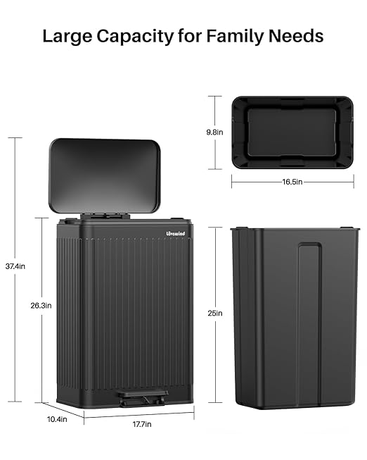 Lovewind 60 Liter/ 16 Gallon Stainless Steel Trash Can with Soft-Close Lid, Large Footstep Garbage Can with Roman Texture, Removable Inner Buckets, Recycling Bin for Kitchen Office, Black-DeskLoop Office