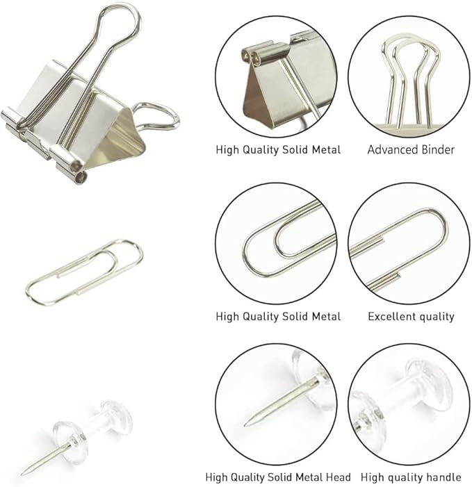 Silver Binder Clips and Paper Clips Push Pins Tacks Sets, Total 72 PCS Assorted Sizes Office Supplies Set for Women, Student, School, Home & Desk Supplies-DeskLoop Office