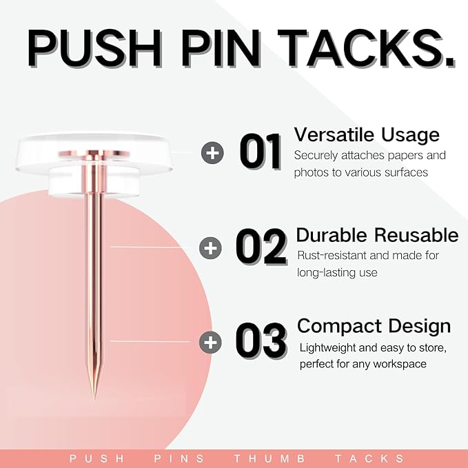 120 PCS Flat Rose Gold Push Pins for Wall Thumb Tacks for Walls Flat thumbtacks Push pin for Bulletin Board Shadow Box Display Thumbtack for Cork Board-DeskLoop Office