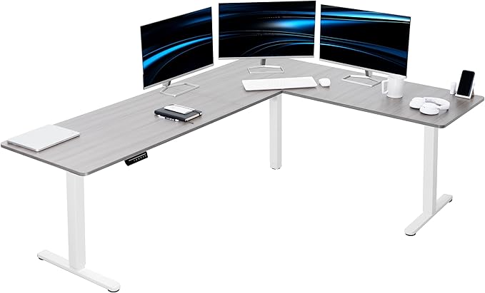 VIVO Electric Corner L-Shaped 84 x 63 in Standing Desk, Memory Height Adjustment, Dark Gray Top White Frame, DESK-E3CTWG-84-DeskLoop Office